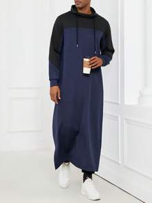 Kamisweat Muslim Men's Hooded Robe, Made Of Blue And Black Contrast Casual Fashionable Fabric, Thick And Comfortable. With Pockets On Both Sides And Slit Hem, Suitable For Daily, Holiday And Travel Wear. - 藍色 - 查看 8