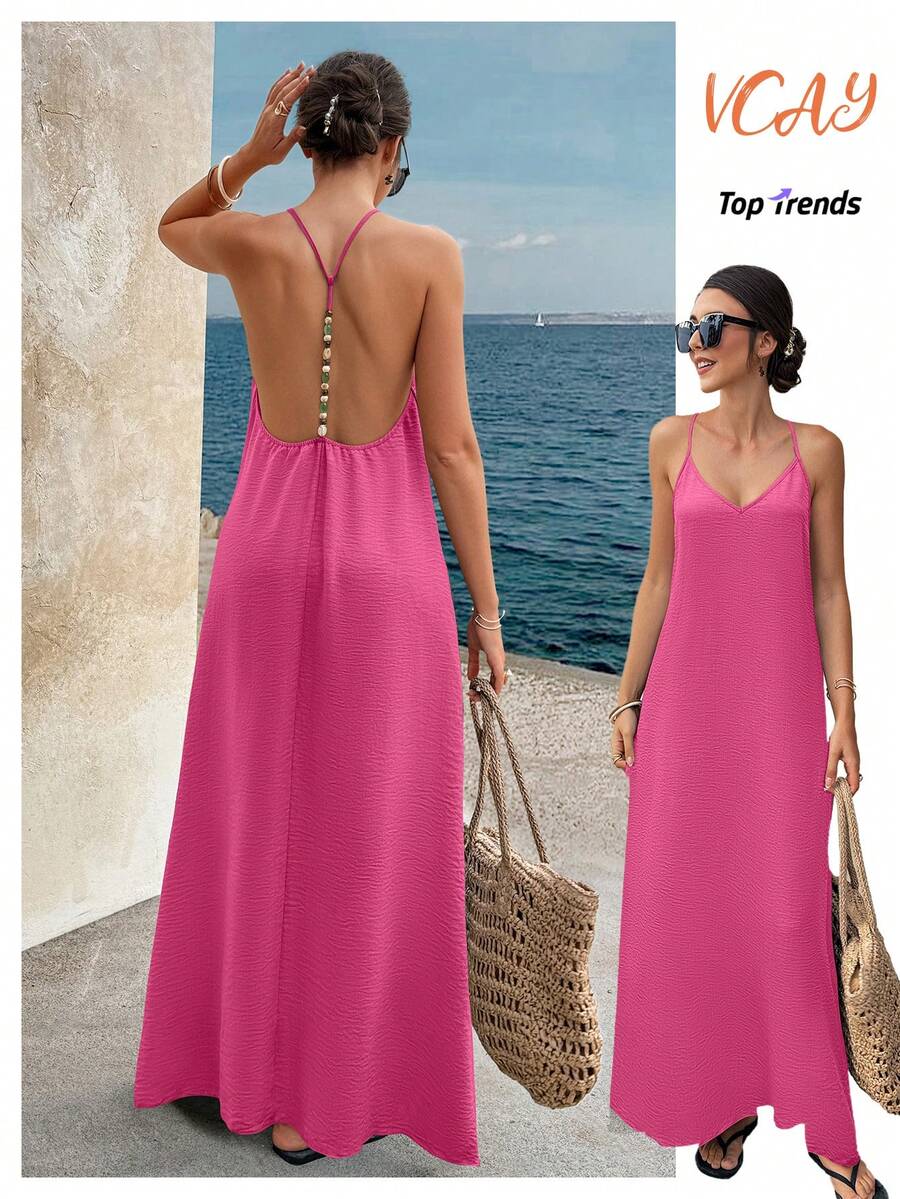 Elegant Sequin Spaghetti Strap Backless Maxi Dress, Suitable For Party, Wedding, Beach, Vacation, Fuchsia, Summer - Hot Pink - View 1