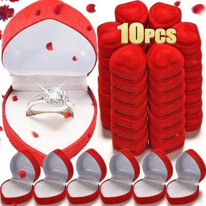 10 PIEZAS Cajas de anillo de terciopelo con textura en forma de corazón rojo romántico, solución elegante de exhibición y almacenamiento de joyas para bodas, compromisos y regalos del Día de San Valentín, perfectas para presentar anillos con un toque de amor y lujo