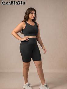 XianBinXiu 1pc Plus Size Women's Knee Length Yoga Cycling Shorts, High Elasticity Butt Lifting Curve Enhancing Workout Pants, High Waist Tummy Control Yoga Leggings, Knit Fabric Breathable Running Shorts With Pockets, Suitable For Cycling, Fitness, Running Sports - Black - View 8