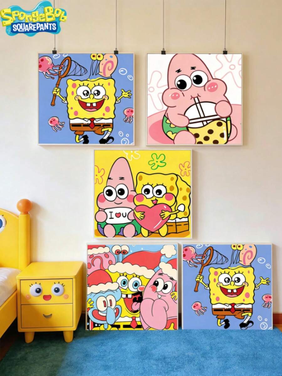 1pc SpongeBob Digital Oil Painting, DIY Cartoon Hand-Painted Coloring, Birthday Gift For Friends, Best Holiday Party Decor, Perfect Party Decoration, Home Decor, Ideal Room Decoration - Multicolor - View 1