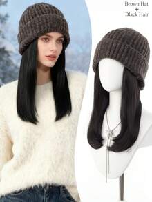 10/16英寸长水波纹合成假发，带针织帽，直发/卷发可选，配针织绒球帽，保暖冬季设计，柔软舒适