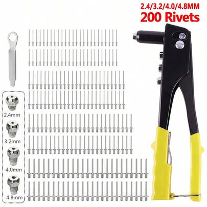 Heavy Duty Hand Pop Rivet Gun Tool Kit + 200PCS Assorted Rivets + 4 Nozzle Head