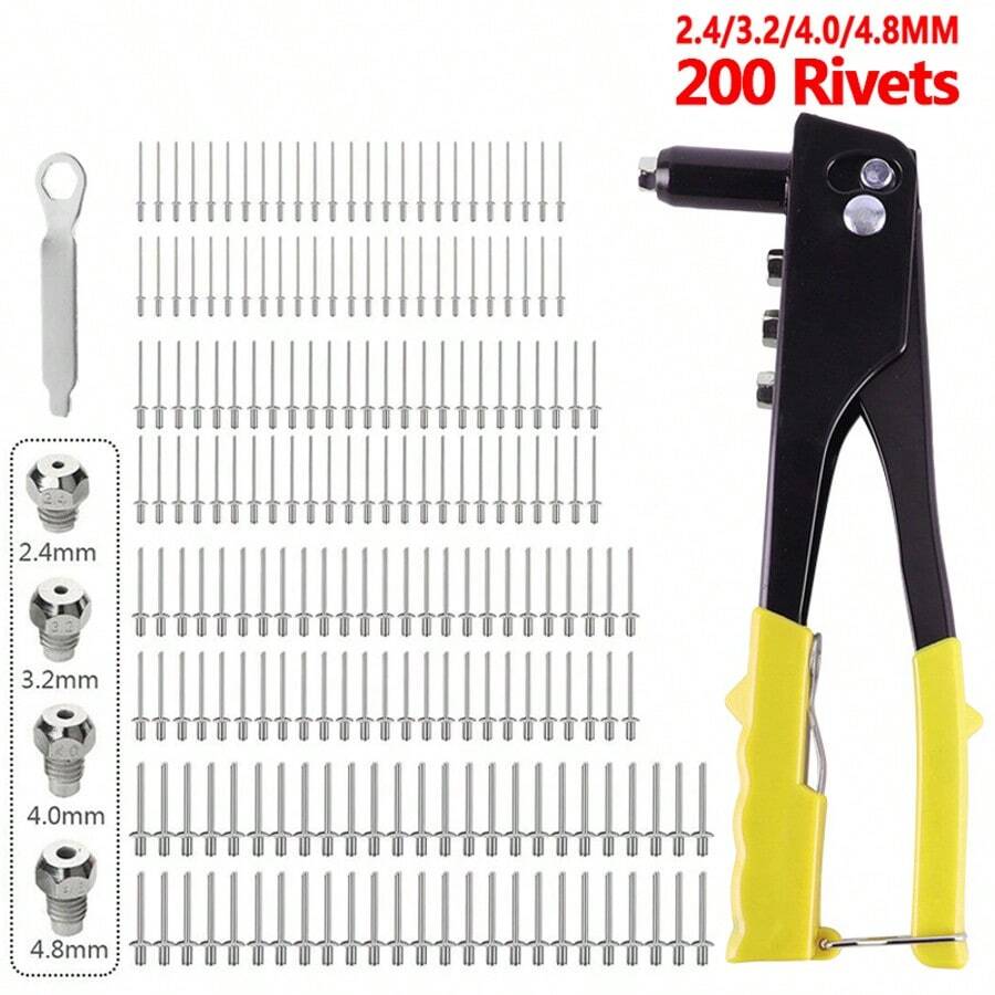 Heavy Duty Hand Pop Rivet Gun Tool Kit + 200PCS Assorted Rivets + 4 Nozzle Head - Yellow - View 1