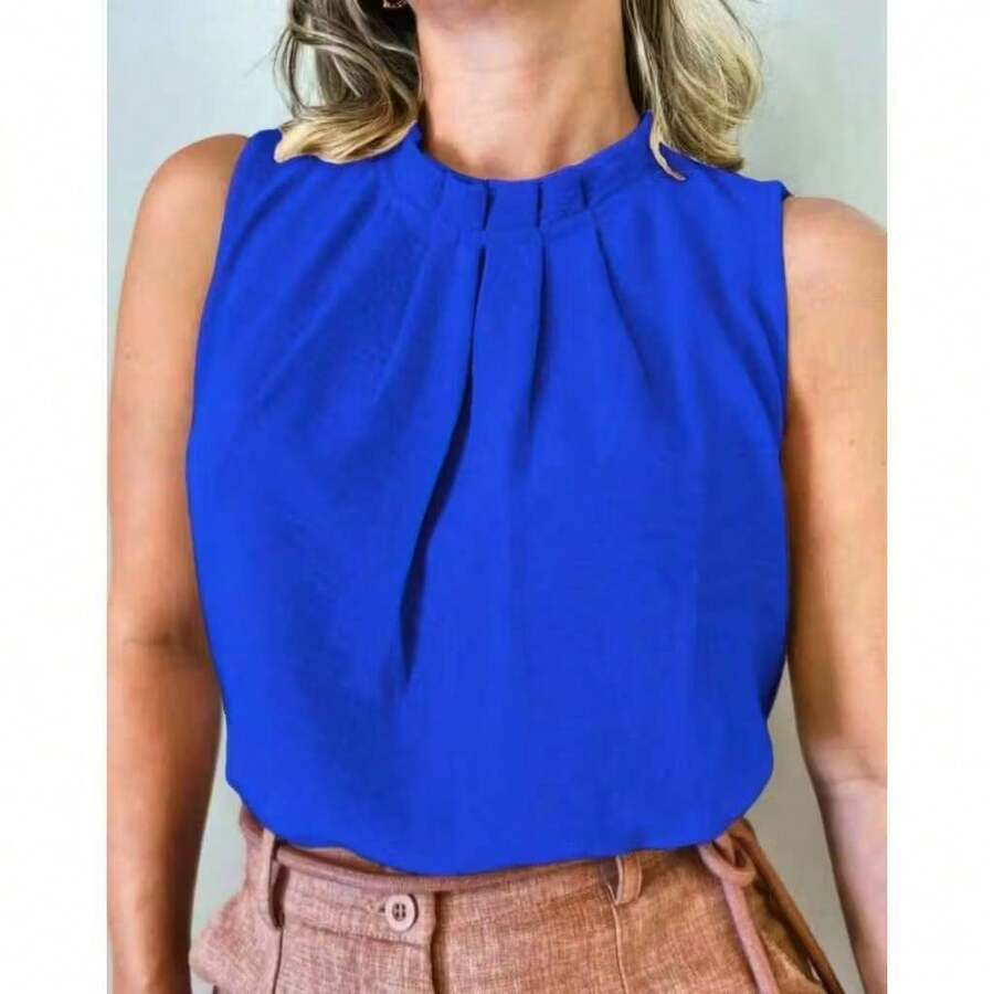 regata feminina social gola alta com botão na costa moda super - Azul - Visão 1