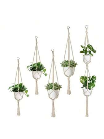 5pcs Macrame Plant Hanging Rack, Comes With 5 Hooks, Bohemian Hand-Woven Plant Hanging Basket Holder, Indoor And Outdoor Plant Hanging Bracket, 3 Different Size Plant Hanging Baskets, For Home Decoration