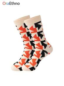 1 Pair Geometric Pattern Mid-Calf Socks - Abstract / Bohemian / Retro Style Casual Socks, Fashion Hosiery - Multicolor - View 9