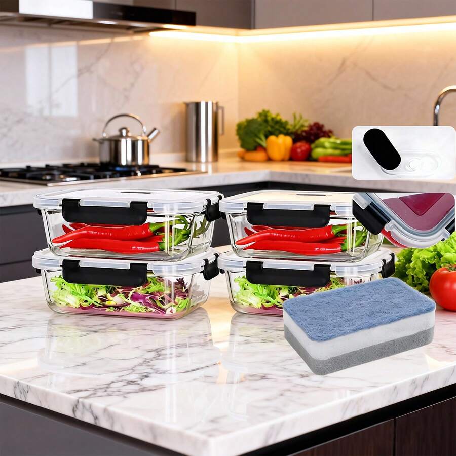 ERUIV 4 X 1520 Ml Glass Containers For Food Preparation, Glass Containers For Food Storage, Freezer Container Set With Steam Vent, Transparent Glass Containers With Lids, Glass Storage Containers - 4x1520ml - 查看 1