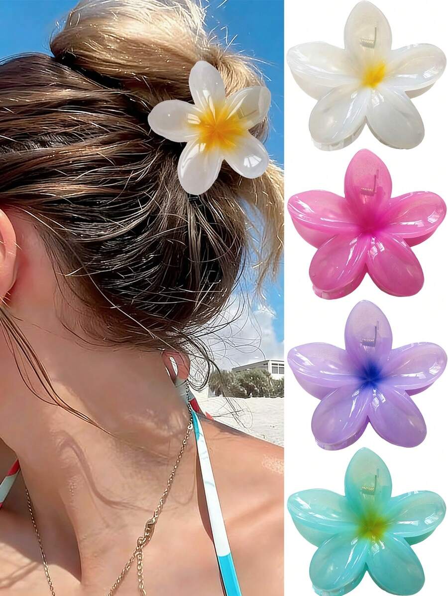 4个/1个 8厘米/3.14英寸 蓝色、白色、紫色、红色、果冻色花朵造型大号塑料发夹，时尚百搭高端优雅简约纯色发饰，适合日常外出、休闲、派对、通勤、度假、扎马尾、盘发、洗脸、化妆、搭配服装等场合，时尚爪夹，冬季发夹，夏季沙滩发饰 - 彩色 - 查看 1