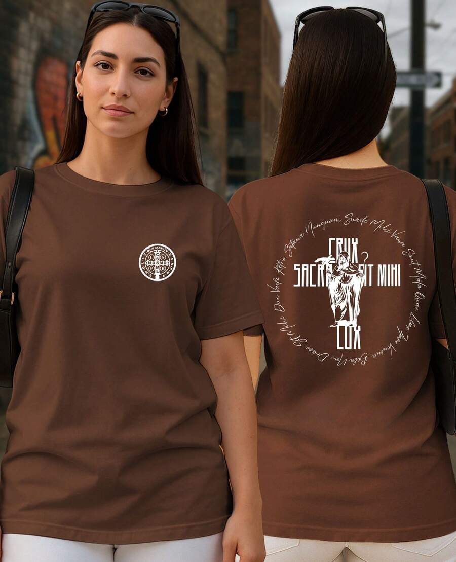 Unisex T-Shirt Saint Benedict Catholic Crux Sacra Sit Mihi Lux Medal Sacred Cross Religious Patron Saint - 鏽棕色 - 查看 1