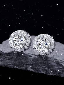 18K镀金纯银耳环，镶嵌璀璨圆形立方氧化锆钻石光环耳环 - 高级立方氧化锆铂金 - 銀色 - 查看 10