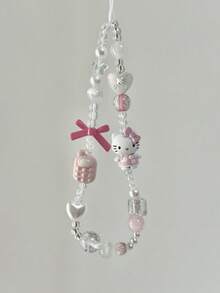 Sanrio Hello Kitty Polyester Faux Pearl Beaded Bracelet, Phone Strap Chain Charm, Portable Phone Chain Pendant Accessory - KTM6 - View 1