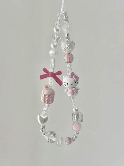  Sanrio Hello Kitty Polyester Faux Pearl Beaded Bracelet, Phone Strap Chain Charm, Portable Phone Chain Pendant Accessory