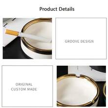 Handmade Gold-Plated Ceramic Ashtray, Decorated With Gold Edges, Round Shape, Suitable For Home, Office, Cafe, Nordic Minimalist Style Home Decor (Handmade Gold-Plating Process Variation Does Not Affect Usage)