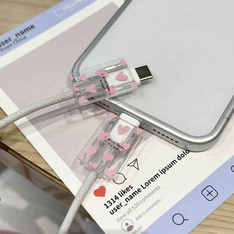 2pcs Heart-Shaped Outline Multi-Color Ins Style Data Cable Protector Compatible With Apple Charger