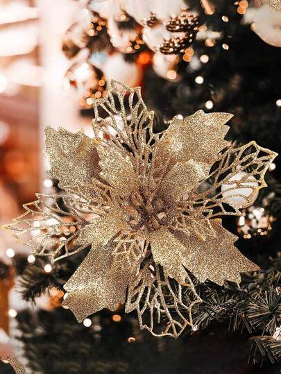 1 pieza/10 piezas Flor de Nochebuena navideña con luces intermitentes, adecuada para decoración de árbol de Navidad y corona, diámetro 3.5in/5.9in/9.45in con clips, decoración navideña, suministros para fiesta de Año Nuevo (Color: Dorado Champán)