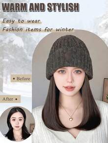 10/16英寸长水波纹合成假发，带针织帽，直发/卷发可选，配针织绒球帽，保暖冬季设计，柔软舒适