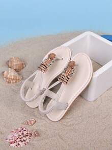 1双女童夏季休闲复古户外平底串珠波西米亚风罗马凉鞋 - 米色 - 查看 2