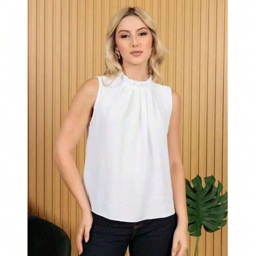 Women's Formal Tank Top With High Neck And Button Detail On The Back, Super Fashionable. - White - View 1