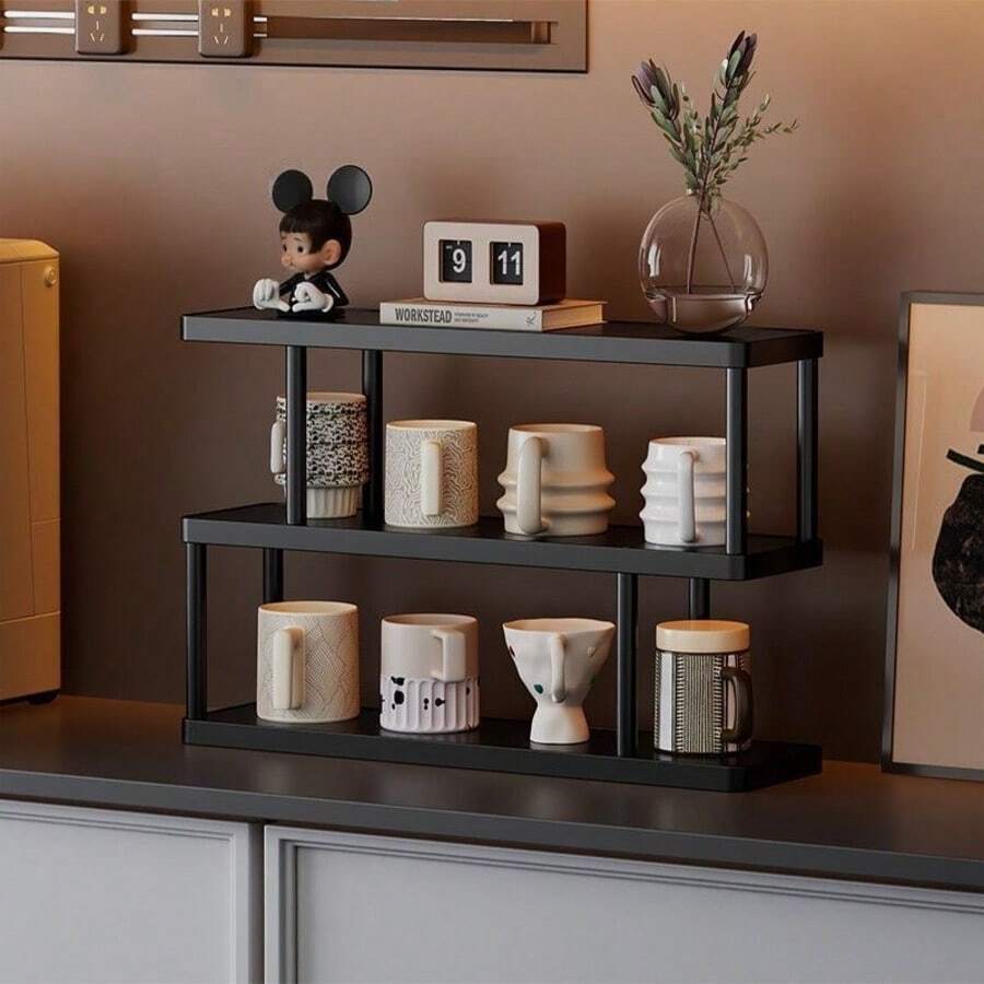 三层现代黑色储物架 - 独立式多层置物架，黑色框架，适用于厨房、浴室、卧室 - 节省空间的家居装饰收纳架，简约设计，经久耐用且易于清洁，兼具美观与实用性。非常适合展示书籍、杯子和小物件。 - 黑色 - 查看 1