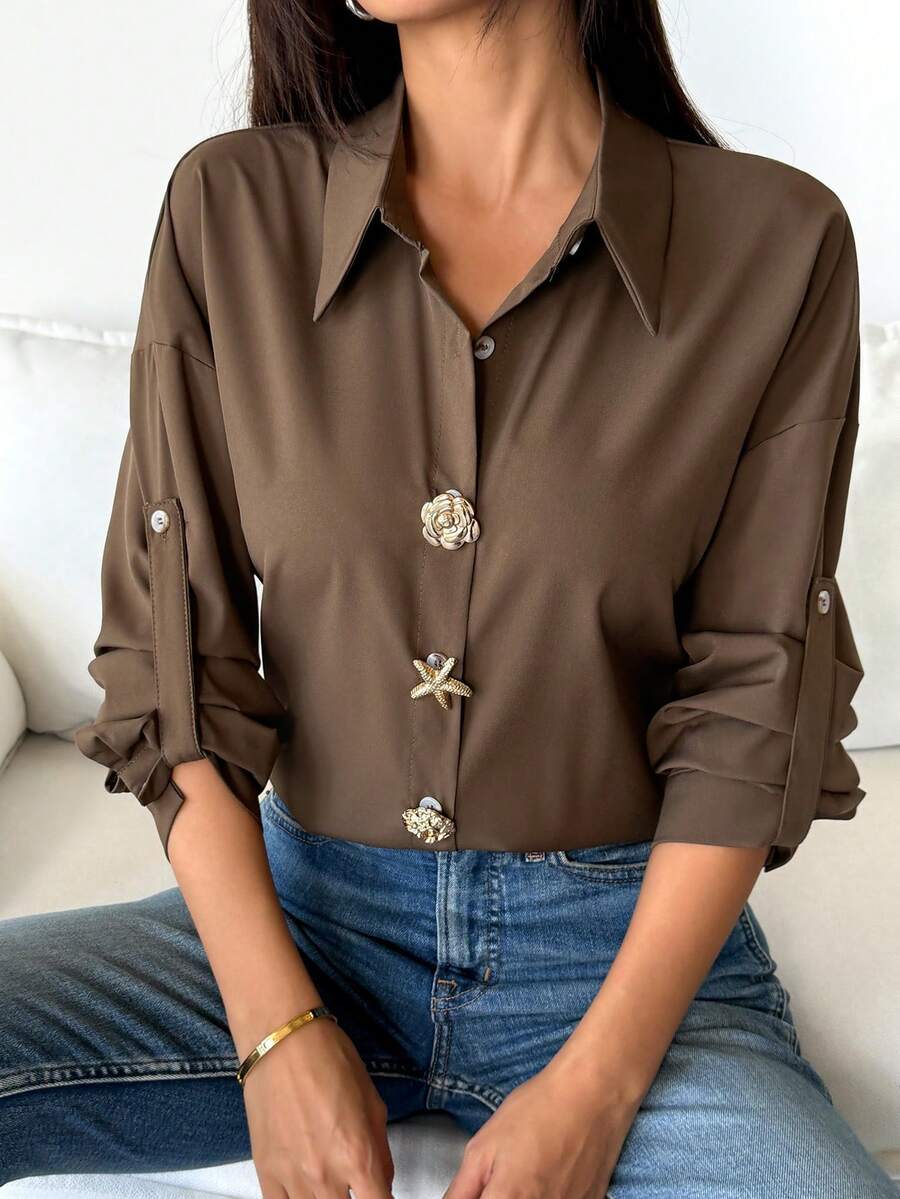 Yuyi Clothing 3D Decorative Button Lapel Shirt, Adjustable Sleeve Length Loose Mid-Length Top, Retro Luxury Style, Suitable For Daily Commute, Outing, Spring/Autumn Versatile Top - Coffee - View 1