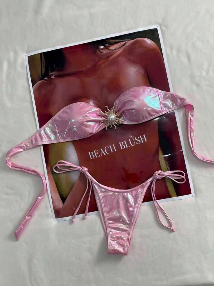 两件套女士夏季比基尼套装，度假泳装，采用全新闪亮柔软的金属珠光面料，侧系带泳裤，适合海滩度假和泳池派对。 - 粉色 - 查看 1