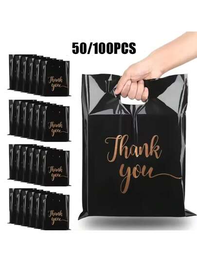 50/100pcs Black Plastic Gift Bags, Reusable Shopping Tote Bags, Suitable For Party, Birthday, Wedding, Thanksgiving, Anniversary Packaging