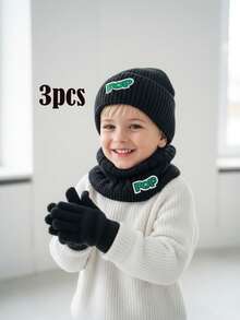 3pcs/Set Boys & Teens Knitted Hat, Scarf & Gloves Set, Thermal Lined, Black, Autumn/Winter