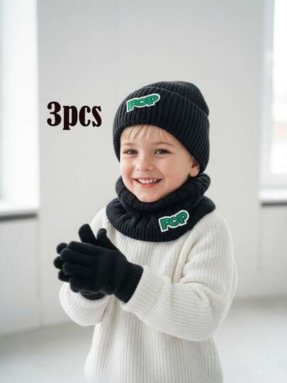 3pcs/Set Boys & Teens Knitted Hat, Scarf & Gloves Set, Thermal Lined, Black, Autumn/Winter