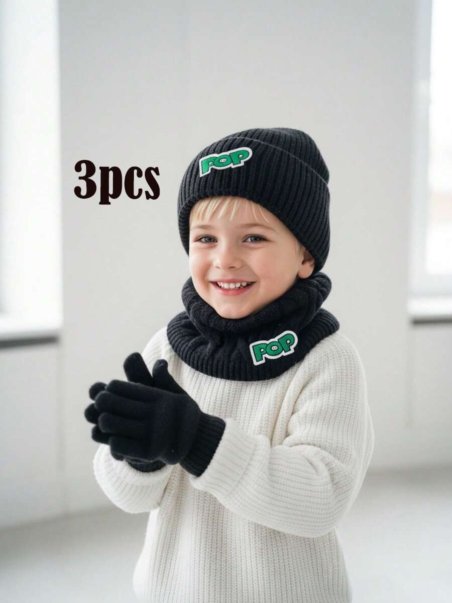 3pcs/Set Boys & Teens Knitted Hat, Scarf & Gloves Set, Thermal Lined, Black, Autumn/Winter