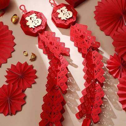 1件中国新年装饰品，室内悬挂式中国新年祝福和鞭炮设计挂饰，营造中国新年氛围