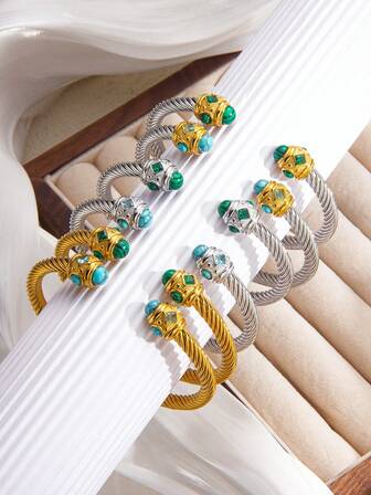 1件复古天然石手镯，18K镀金不锈钢扭丝套筒，可调节开口设计，优雅礼物，适合送给家人、爱人和朋友