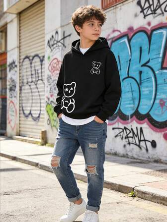 Sudadera con capucha negra versátil y de moda con estampado de oso para jóvenes en otoño e invierno, de forro polar con capucha, regalo para adolescentes