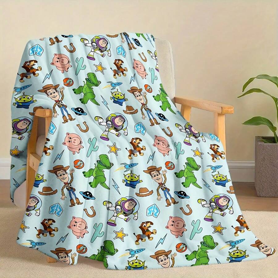 1 Piece Disney IP Flannel Blanket - Toy Story Cowboy Woody And Buzz Lightyear Cartoon Design, Suitable For Sofa, Office, Bed, Camping, Travel - Four Seasons Multi-Functional Throw Blanket Or Small Quilt - 風格 - 查看 1