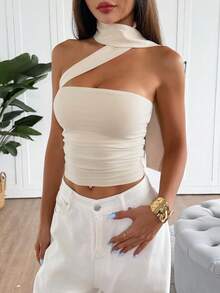 Áo croptop quây bằng vải dệt kim mùa xuân/hè dành cho nữ, có dây đeo điều chỉnh được, phù hợp cho tiệc trà chiều, dạo phố, kỳ nghỉ, mặc nhiều lớp, dự tiệc, hẹn hò, đi biển, lễ tốt nghiệp, ngày lễ, sinh nhật, du lịch nghỉ dưỡng, du lịch thành phố, trang phục dự tiệc. - Màu be - Xem 3