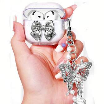 1pc Minimalist 3D Bow Glitter Transparent Shockproof Earphone Case + Butterfly Pearl Hanging Chain Bluetooth Earphone Case Compatible With Apple 1st/2nd/3rd/Pro/Pro 2nd Generation, Creative Design For New 4th Generation