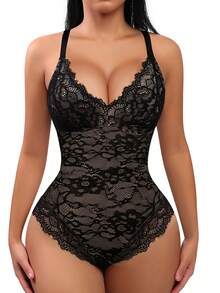 FeelinGirl Shapewear Bodysuits For Women Lace Shapewear Tummy Control V-Neck Sleeveless Bodysuit Tops Jumpsuit - 黑色 - 查看 1