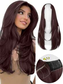 Perücke Für Frauen, 55cm/22inch, Unsichtbares Einzelteil, V-förmiges Langes Glattes Haar Mit Langem Lockenpatch Und Innerem Schnallenverschluss, Simuliert Natürliche Haarverlängerungen