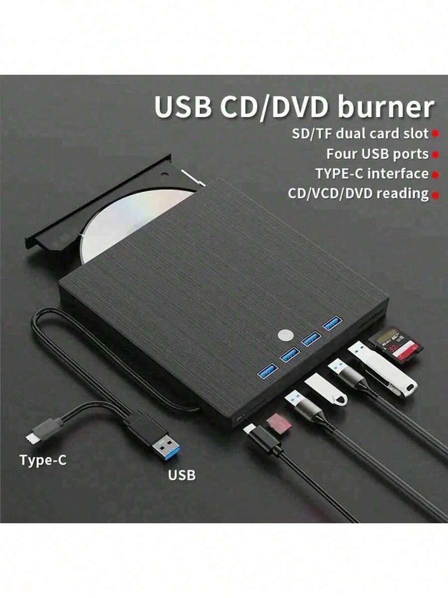 外置光驱，8合1 USB 3.0 超薄便携式，USB 3.0+Type-C 外置移动 DVD 刻录机高清播放器，便携式 CD/VCD/DVD 播放器，即插即用可扩展刻录机，适用于笔记本电脑和 PC 的刻录、读取和播放。支持 Windows/Linux/