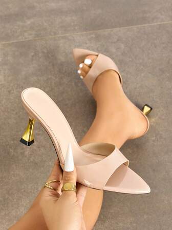 Women's High Heels, Fashionable Party/Outdoor Wear, Elegant Banquet, Color Block, Transparent Heel, Pointed Toe, Soft Mirror Material, Sexy Mule, Shallow Pink Color, Casual/Outdoor/Travel, Slide Sandals
