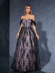 Embroidered Mesh Off-Shoulder Bridesmaid Dress - Black - View 4