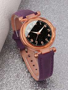 1 pieza Reloj de cuarzo para niñas con correa de cuero PU morado, decoración de strass, número de dibujos animados y esfera redonda, y 5 piezas de set de joyería con decoración de strass - Morado - Ver 5