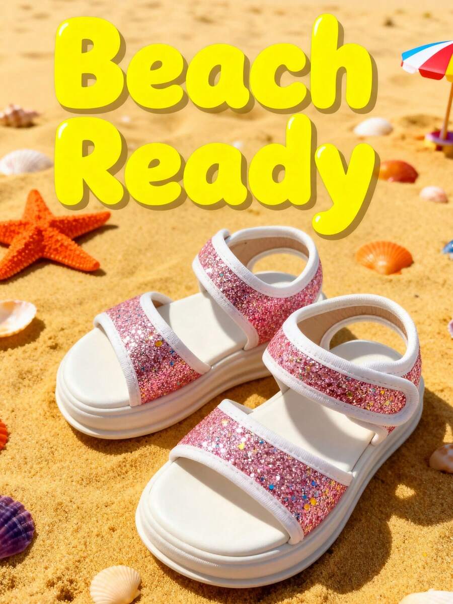 新款轻便防滑厚底沙滩凉鞋，女童闪亮凉鞋，公主风软底防滑魔术贴凉鞋 - 粉色 - 查看 1