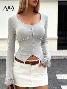 ARA CHIC Women's Gray Vintage V-Neck Lace Trim Long-Sleeve Cardigan, Slim Fit With Irregular Design, Crop Top For Sexy Girls, Suitable For Nightclubs And Dates, New Winter Style