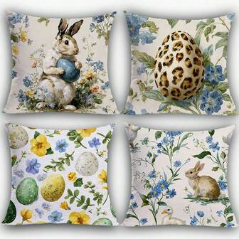 4 st. påskpersika-sammetstryckta örngott, 18" x 18" - söta kanin-leopard-påskäggstryckta dekorativa kuddfodral, lämpliga för vardagsrum, sovrum, soffa, säng, utomhusdekor, kuddinlägg ingår ej