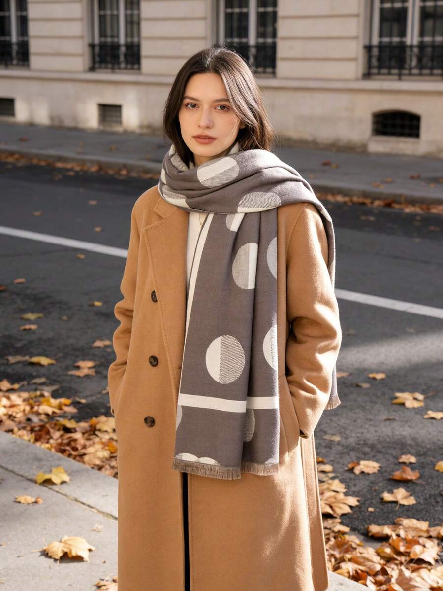 1 buc. Eșarfă moale pentru femei, din cașmir artificial, cu imprimeu cu buline, blocuri de culori, potrivită pentru toamna/iarna, naveta zilnică, haine de exterior