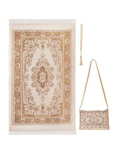 3Pcs/Set Muslim Prayer Set: Portable Mat, Rosary Beads, Embroidered Pouch/Hat,Exquisite Jacquard Pattern Prayer Rug,Ramadan Decor, Eid Al-Adha - For Muslim Men - For Prayer & Religious Observance Middle Eastern Supplies