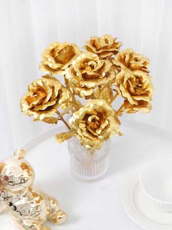 5 Pieces Of Artificial Gold Foil Rose Artificial Flowers, Suitable For Decoration At Valentine's Day, Weddings, And Birthday Parties. An Everlasting Love Imitation Bouquet, Durable Plastic Rose Wedding Center Decoration (No Maintenance Required)