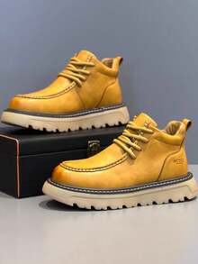 Men's Boots, Simple INS Style High-Top Casual Boots, Commuting Office Youth Flat Leather Boots - Yellow - View 4