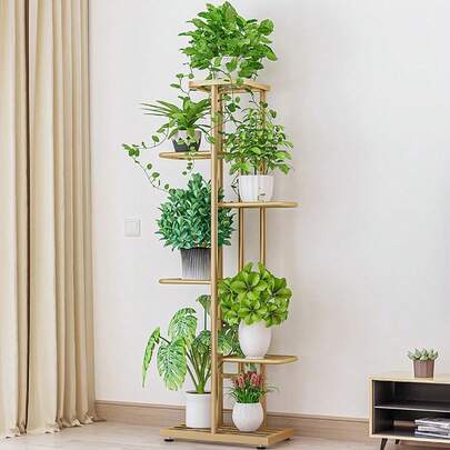 Soporte metálico para plantas, para interior y exterior, de 6 niveles y 7 macetas, soporte esquinero, para sala de estar, oficina, jardín, patio y balcón, dorado